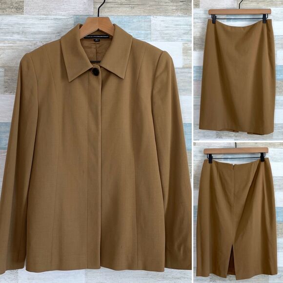 Linda Allard Ellen Tracy Wool Skirt Suit Tan 2 Piece Stretch Career Womens 8 10 - Picture 1 of 12